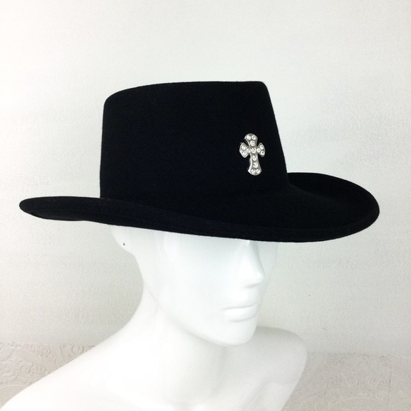 Vintage black 100% wool crushable hat bling cross boho western adult medium - Picture 2 of 13